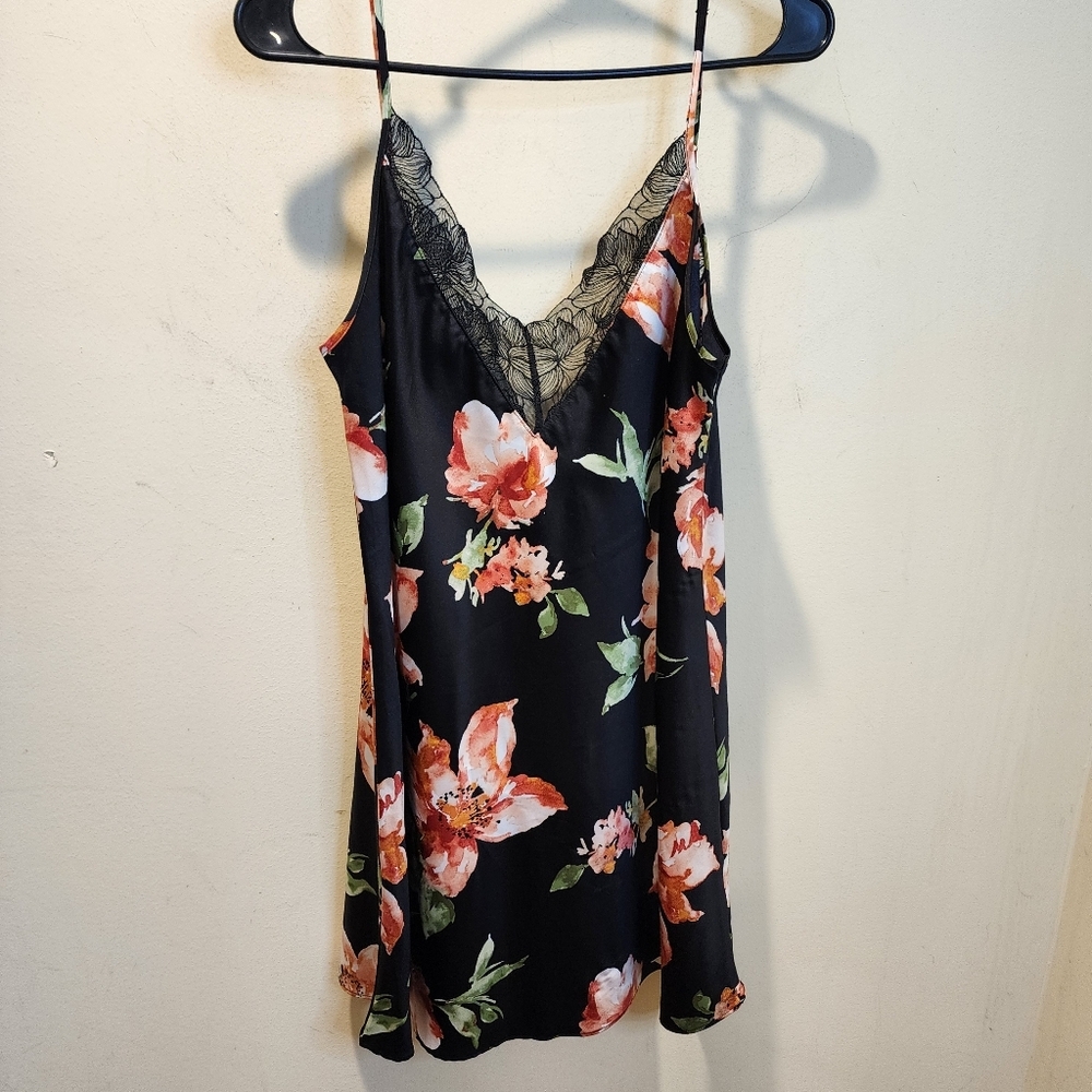 International Concepts Floral Black Slip Dress with Lace Trim Size L